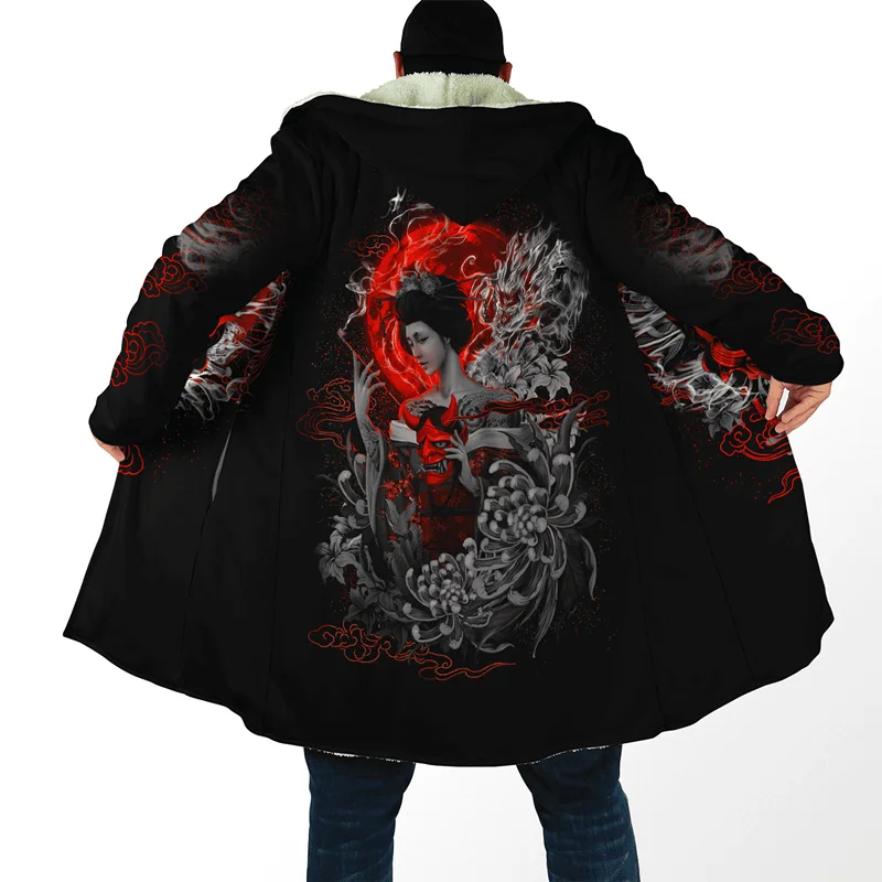 Men Winter Hooded Cloak Samurai Ghost Mask Tattoo 3D Full Print Fleece Trench Co - £182.33 GBP