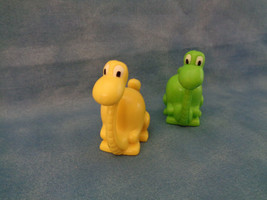 2 Plastic Mini Neon Green &amp; Yellow Happy Face Dinosaur Figures / Cake Toppers - £1.45 GBP