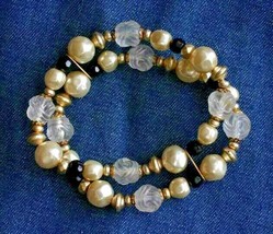 Elegant Vintage Faux Pearl &amp; Clear and Black Acrylic Gold-tone Stretch Bracelet - £10.35 GBP