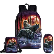 3Pcs/Set Cool Moon And howling Wolf School Backpack for Teenage Boys Girls Child - £44.24 GBP