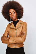 Brown Leather Jacket Women Biker Moto Pure Lambskin Size S M L XL XXL Custom Fit - £110.88 GBP