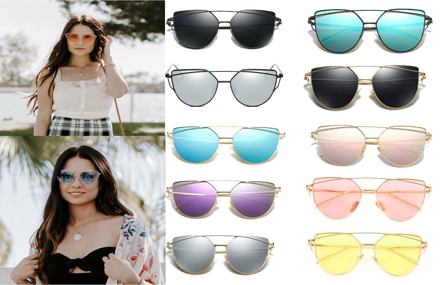 Cat Eye Mirrored Strikethrough Fashion Flat Metal Frame Womens Sunglasses