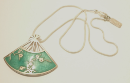 Vintage Silver Toned Necklace with Enamel Fan Pendant, Marked Foxy - £7.94 GBP