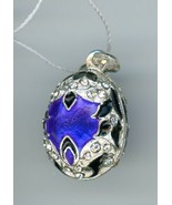 Russian egg silver false pendant, deep blue spread &amp; w decor/clear stones - £41.01 GBP