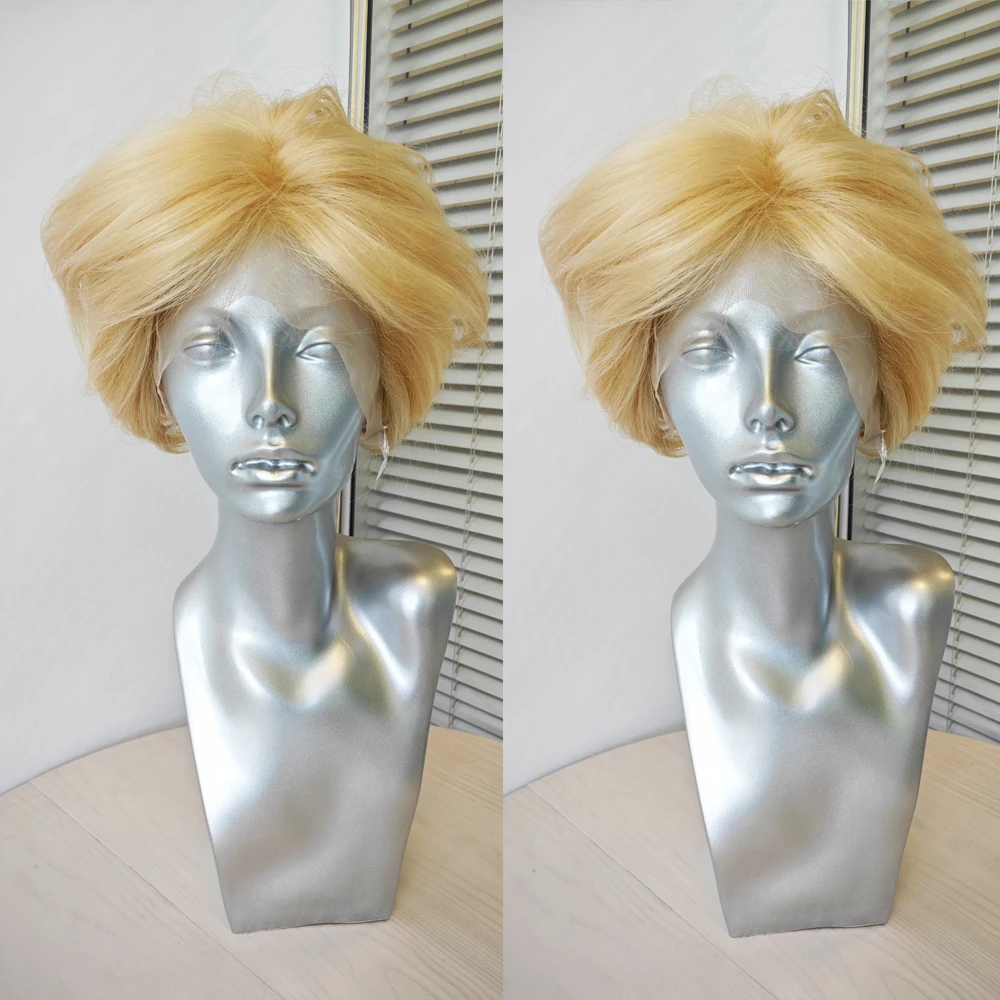 RONGDUOYI Blonde Hair Pixie Bob Lace Front Wigs Short Cut Natural Wave Synthetic - £41.39 GBP+