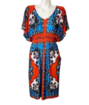 Signature Robbie Bee Dress Womens Large Orange Blue Floral Blouson Elastic Waist - $14.24