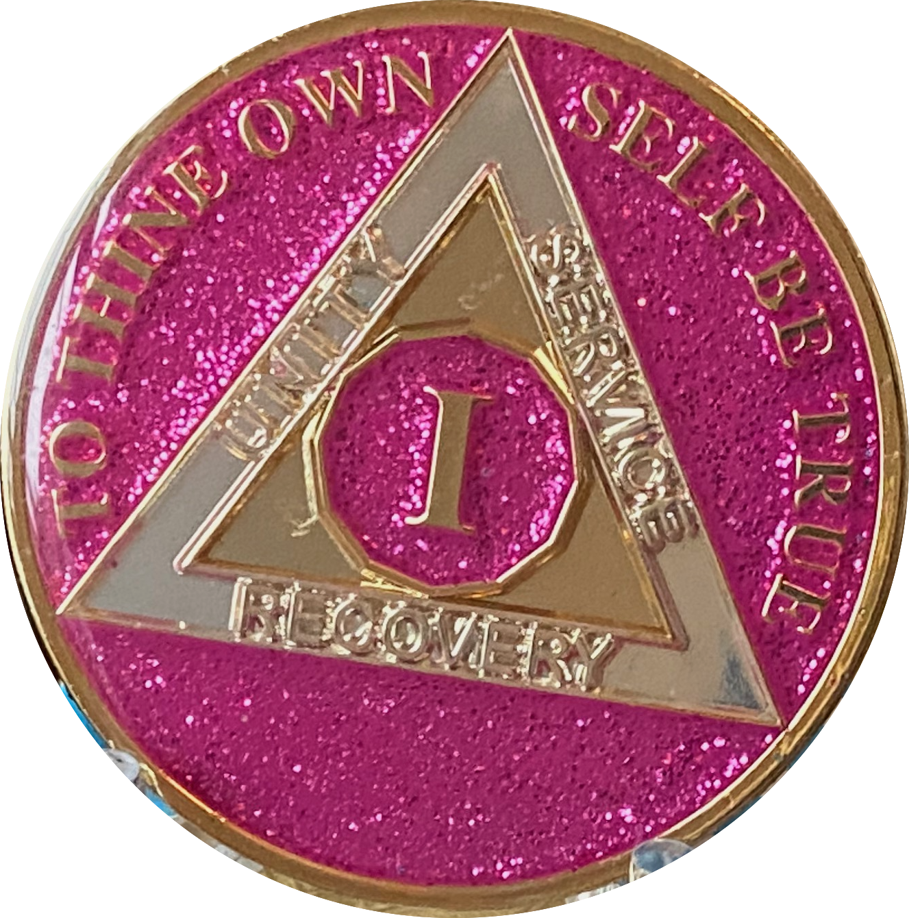 1 Year AA Medallion Fuchsia Pink Glitter Tri-Plate Sobriety Chip