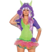 Furry Monster Costume Rainbow Tutu Dress Horns Hood Neon Green Purple 9981 Small - £43.78 GBP