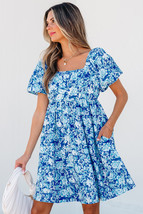Blue Floral Puff Sleeve Babydoll Mini Dress - $18.66
