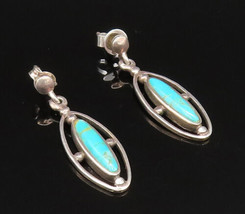 925 Silver - Vintage Beaded Open Oval Turquoise Needlepoint Earrings - E... - $34.89
