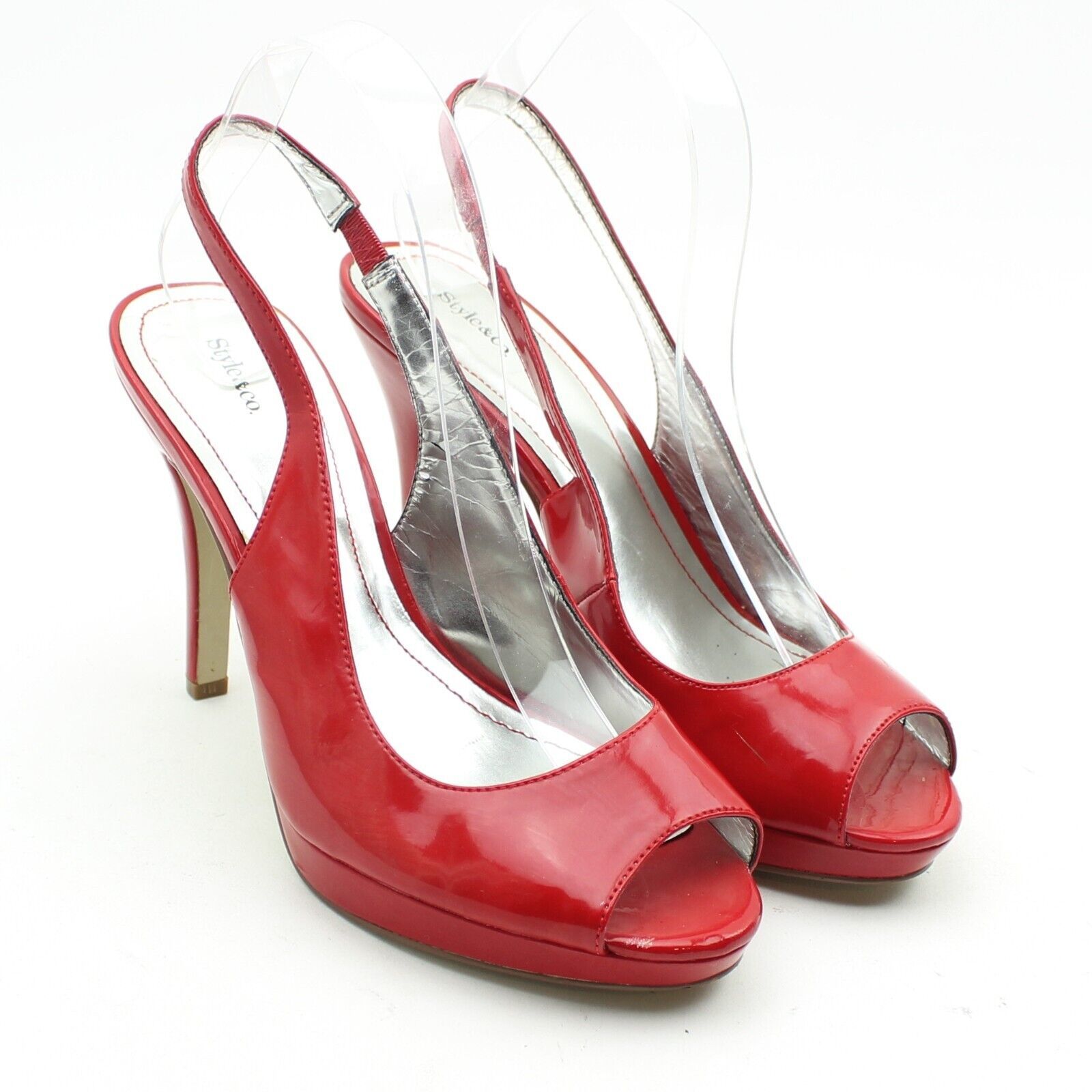 Primary image for Style & Co Womens Glossy Red Faux Leather Peep Toe Slingback Heels Sz 9.5 M