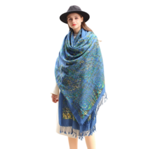 Anyyou 100% Merino Wool French Blue Silk Satin Large Winter Scarf Pashmina Shawl - £69.35 GBP