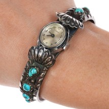 6.25&quot; 1960&#39;s Navajo sterling and turquoise row watch cuff bracelet - $163.35