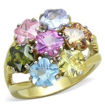 Pastel Flower Cut CZ Multi-Stone Ring Yellow Gold Plated Stainless Steel TK316 - £18.67 GBP