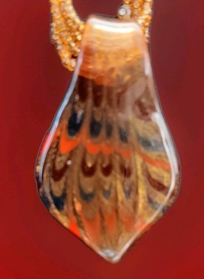 Vintage Hand Blown Abtract Drop Glass Pendant On Amber Colored Bead Strands - £11.18 GBP