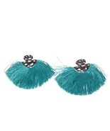 Teal Tassel Fan Earrings With Silver Accents Boho Chic Statement Jewelry - $305.87 MXN