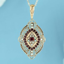Natural Garnet and Opal Vintage Style Filigree Pendant in solid 9K Yellow Gold - £959.22 GBP