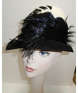 Vintage Ladies White Felt Hat Trimmed w/ Black Feathers w/ tiny Black Beads. - $65.00