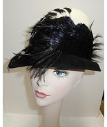 Vintage Ladies White Felt Hat Trimmed w/ Black Feathers w/ tiny Black Be... - $65.00