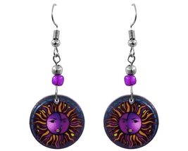 Round New Age Spiritual Sun and Moon Graphic Dangle Earrings - Womens Fashion Ha - £13.79 GBP