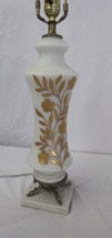 Mid Century White Satin Glass Table Lamp Gold Floral Dolphin feet marble... - $75.00