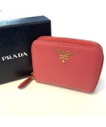 PRADA Pink Leather Compact Round Zip Wallet Gold Logo with Box Used MWa0246 - $194.20 CAD