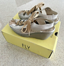 FLY LONDON YLVA Silver Metallic Distressed Beige Lace-Up Wedge Sandal 39 US 8 - £48.58 GBP
