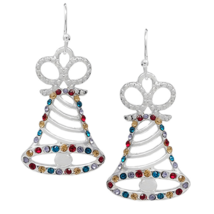Multi Crystal Christmas Bell Dangle Drop Earrings White Gold - $12.29