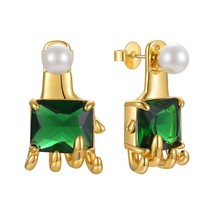 Green Stone Stud Earrings For Women Gold Color Hand Piercing Earings Gift Pearl  - £19.07 GBP