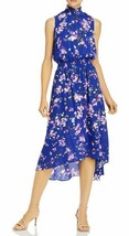 Womens Nanette Lepore Floral High Low Midi Dress Mock Neck Navy Blue Size 10 - £31.31 GBP