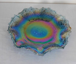 Indiana Glass Blue Rainbow Iridescent Carnival Starburst Diamond Ruffle Bowl 10&quot; - £23.45 GBP