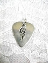 Cast Pewter Guitar Pick &amp; Alloy Silver Angel Wing Charm Pendant Adj Necklace - £9.56 GBP