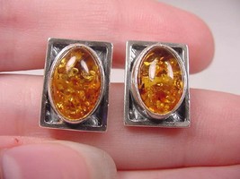 (PE40-J) Oval Orange Baltic Amber + .925 Sterling Silver Rectangle Stud Earrings - £36.04 GBP