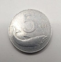 Vintage Italy 1955-R DOLPHIN 5 Lire Aluminum Coin - £5.51 GBP