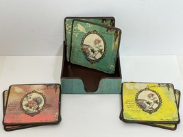 Set of 6 Vintage-Look Bird Rose Flower French Coasters Home Decor in Holder Tray - £16.01 GBP