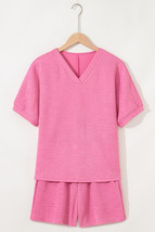 Pink Textured V Neck T Shirt and Shorts Set - $370.88 MXN