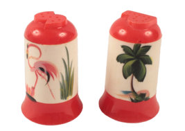 Tropical Vintage Souvenir Salt Pepper Shakers Hand Painted Flamingo Palm... - $12.34