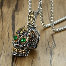 Sugar Skull Necklace Stainless Steel Mexican Day Of The Dead Green Eyes Skeleton - £13.54 GBP