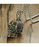 SUGAR SKULL NECKLACE Stainless Steel Mexican Day of the Dead Green Eyes ... - £13.54 GBP