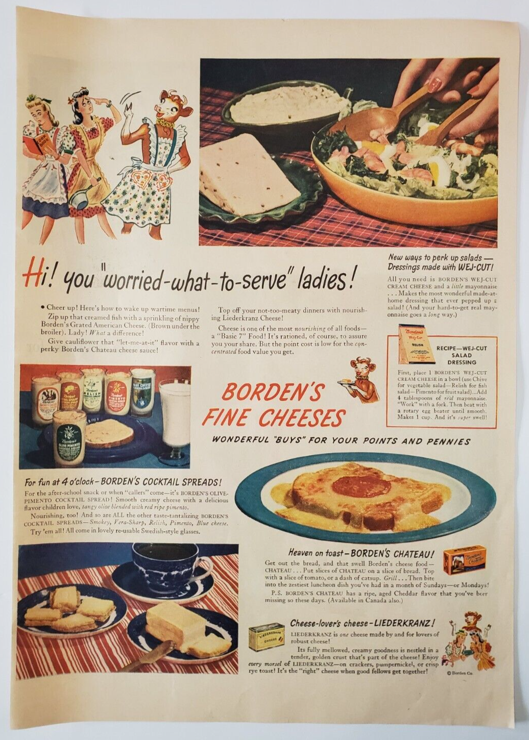 1944 Borden's Fine Cheeses Vintage WW2 Print Ad Wonderful Buys For Your Points - £10.23 GBP