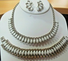 Vintage Clear &amp; Milk Glass Rhinestone Necklace, Bracelet &amp; Clip-on Earring Set - £214.44 GBP