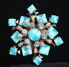 Snowflake Brooch Pin Turquoise Color Blue Rhinestones Jewelry Starburst Tiered - £19.70 GBP