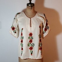 Handmade Floral Blouse Size S Embroidered Cruell Beige Red Orange South ... - £42.47 GBP