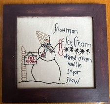 Vintage Snowman Ice Cream Stitched Sampler Framed 9.25 X 9.75 - £19.54 GBP