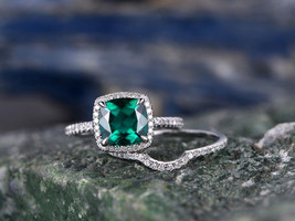 14k White Gold Finish Cushion Cut Green Emerald Bridal Wedding Ring Set - $70.11