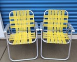 2 Yellow White Aluminum Webbed Lawn Patio Chair Metal Arms MCM Vintage Pair - $57.09