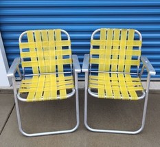 2 Yellow White Aluminum Webbed Lawn Patio Chair Metal Arms MCM Vintage Pair - £45.63 GBP