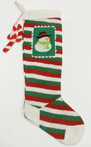 LONG RED GREEN &amp; WHITE CHRISTMAS STOCKING w/ EMBROIDERED SNOWMAN PATCH - £10.86 GBP