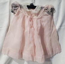 Vintage Baby Button Smock Dress Pink Lace Ruffle Short Sleeve Sheer - £19.61 GBP