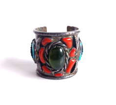 Lg Native American Green Amber Turq &amp; Coral Sterling Cuff Bracelet Wilford Chee - £3,145.66 GBP